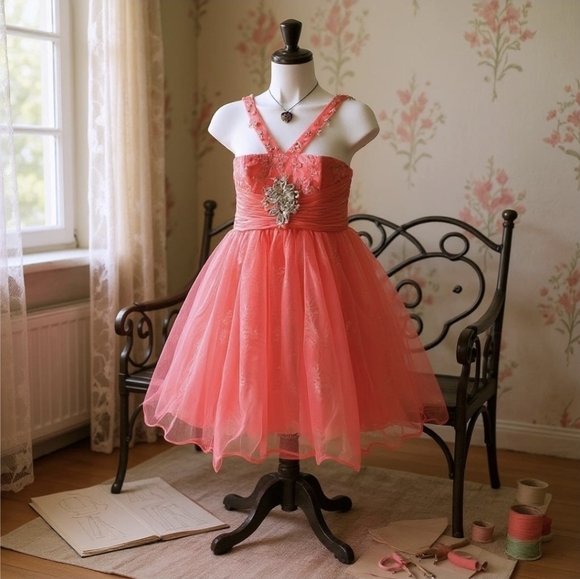 Sherri Hill ✦ Coral Tulle Dress Girls 12 ✦ Beaded Straps Jeweled Brooch Pageant - Picture 13 of 17
